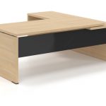 Γραφείο Διευθυντικό Dromeas σειράς Lysis Plus γωνιακό ανισόπεδο αριστερό διάστασης 200Χ200X73Η σε απόχρωση φυσικό δρυς με μετώπη γυάλινη μαύρη