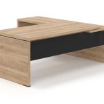 Γραφείο Διευθυντικό Dromeas σειράς Lysis Plus γωνιακό ανισόπεδο αριστερό διάστασης 200Χ200X73Η σε απόχρωση καρυδιά Η3700 με μετώπη γυάλινη μαύρη