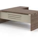 Γραφείο Διευθυντικό Dromeas σειράς Lysis Plus γωνιακό ανισόπεδο δεξί διάστασης 200Χ200X73Η  με μετώπη μεταλλική και απόχρωση καρυδιά Η3702