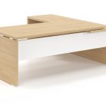 Γραφείο Διευθυντικό Dromeas σειράς Lysis Plus γωνιακό ανισόπεδο αριστερό διάστασης 200Χ200X73Η σε απόχρωση φυσικό δρυς με μετώπη γυάλινη λευκή